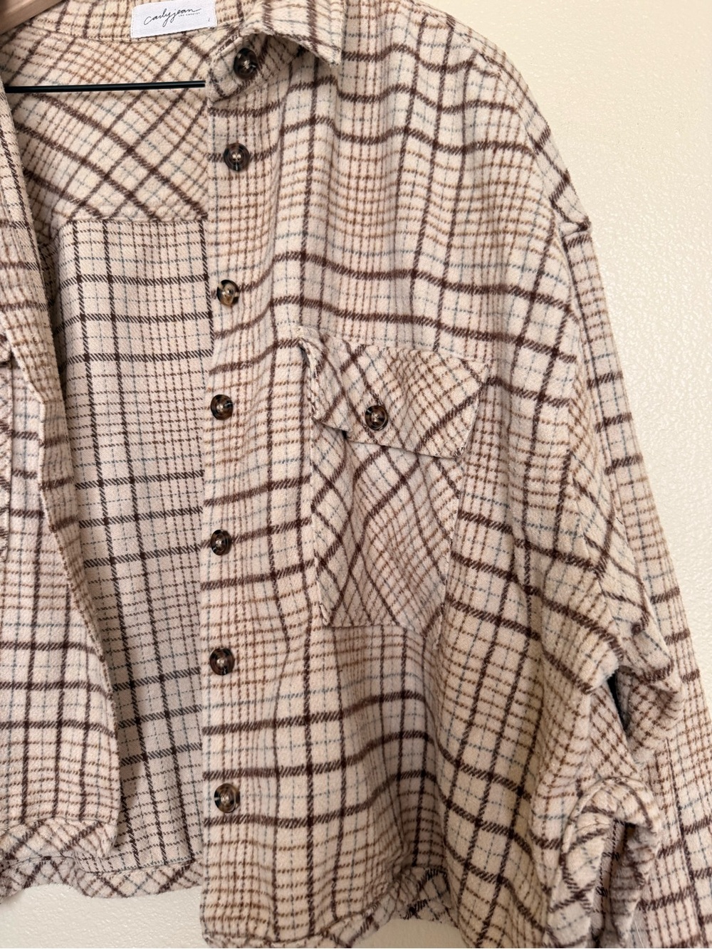 Carly Jean Los Angeles Plaid Button-Down Shirt Jacket - Beige & Brown - Picture 2 of 5